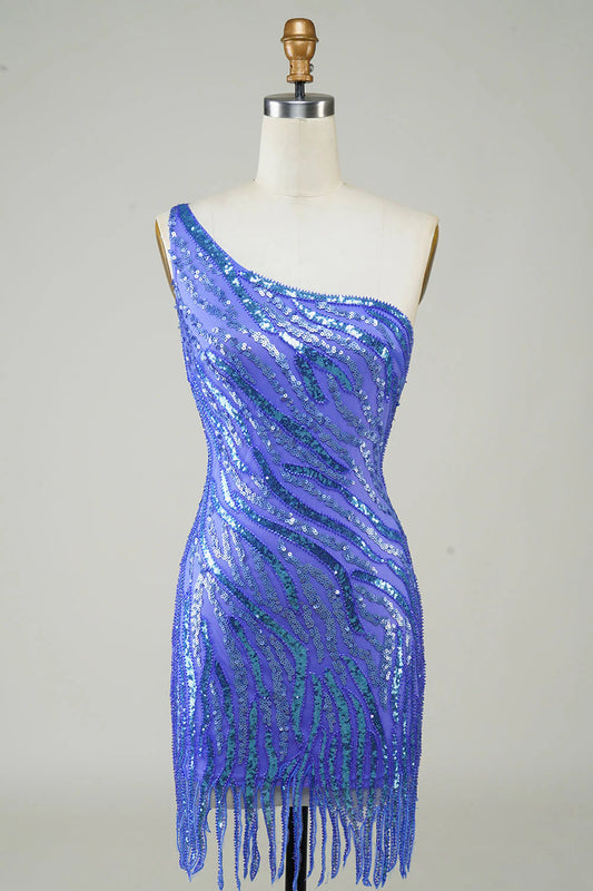 Amzcw Sheath One Shoulder Blue Sequins Short Homecoming Dress with Tassel