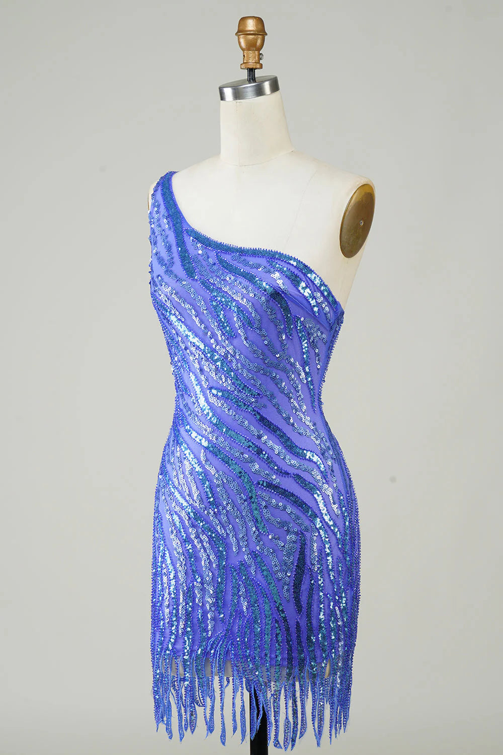 Amzcw Sheath One Shoulder Blue Sequins Short Homecoming Dress with Tassel