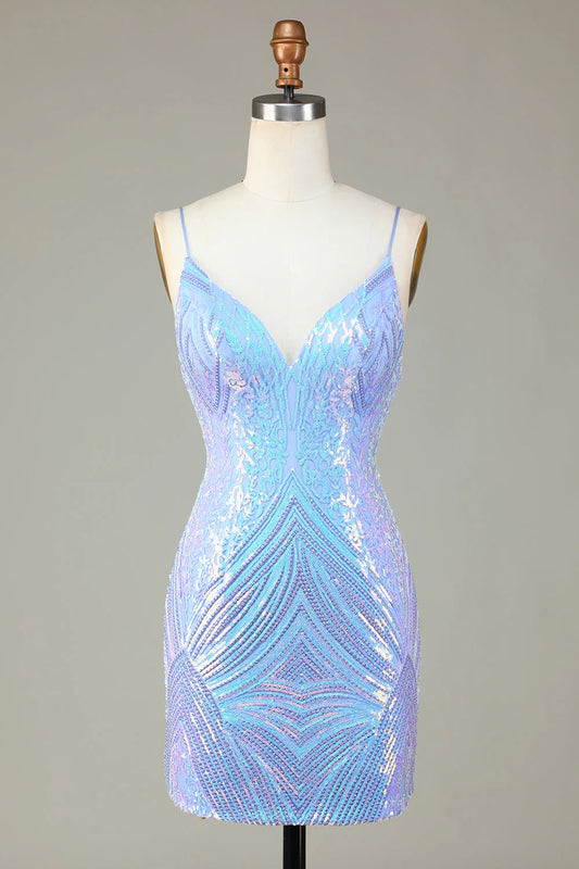 Amzcw Sparkly Blue Sheath Spaghetti Straps Backless Sequins Short Homecoming Dress