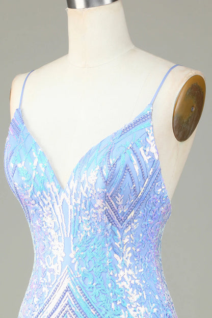Amzcw Sparkly Blue Sheath Spaghetti Straps Backless Sequins Short Homecoming Dress
