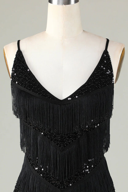 Amzcw Sparkly Black Sequins Beaded Tight Short Homecoming Dress with Fringes