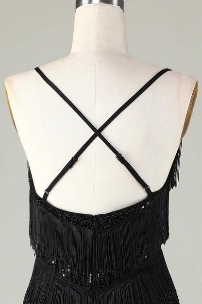 Amzcw Sparkly Black Sequins Beaded Tight Short Homecoming Dress with Fringes
