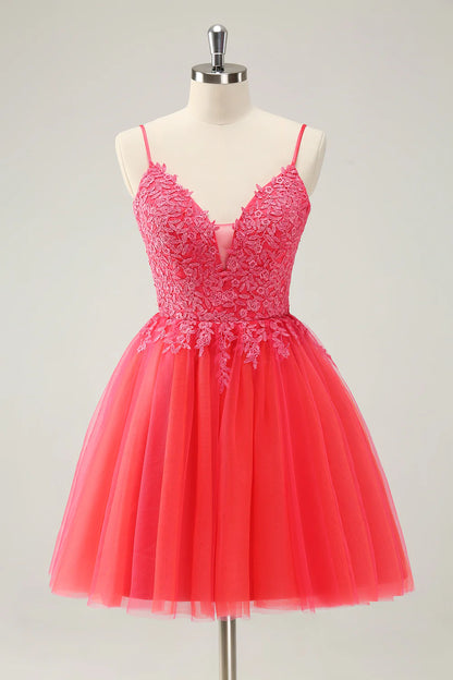 Amzcw Cute Hot Pink A Line Spaghetti Straps Sequin Short Homecoming Dress with Appliques