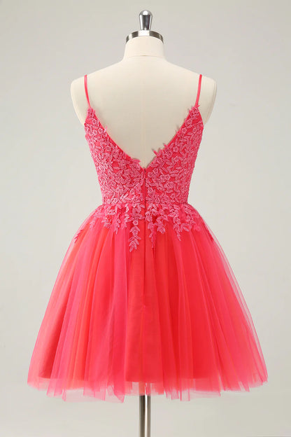 Amzcw Cute Hot Pink A Line Spaghetti Straps Sequin Short Homecoming Dress with Appliques