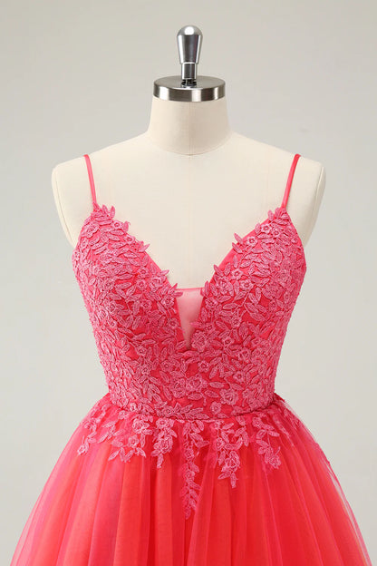 Amzcw Cute Hot Pink A Line Spaghetti Straps Sequin Short Homecoming Dress with Appliques
