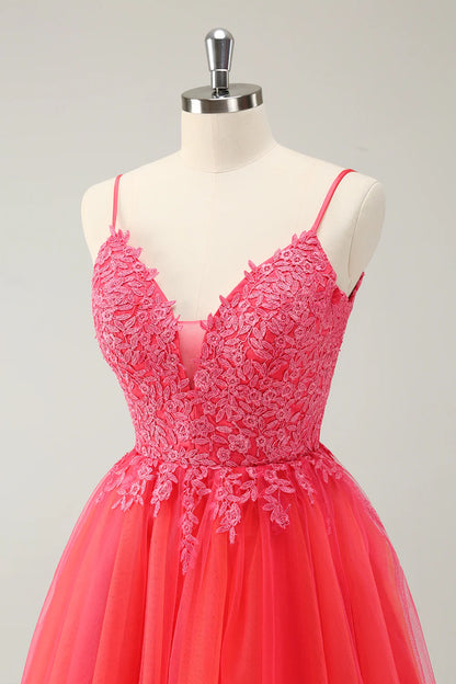 Amzcw Cute Hot Pink A Line Spaghetti Straps Sequin Short Homecoming Dress with Appliques
