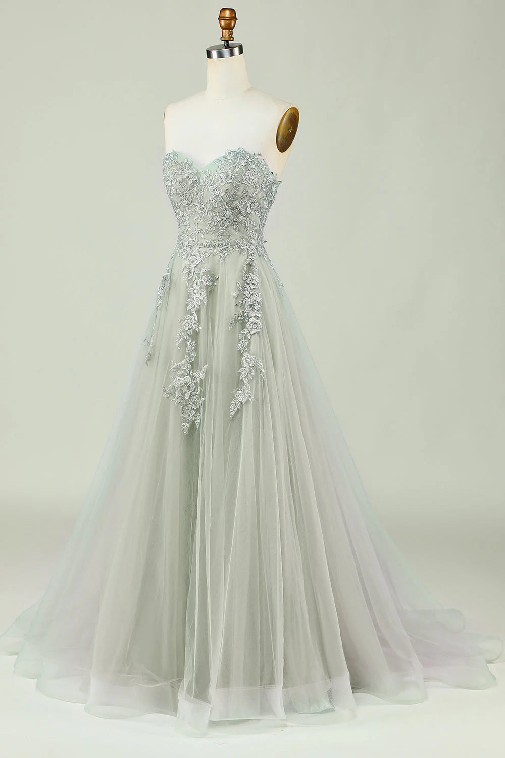 Amzcw Light Green Sweetheart Beaded Long Prom Dress with Slit Front prom dresses with long sleeves