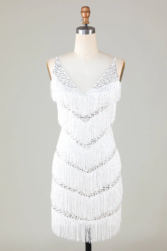 Amzcw White Bodycon Spaghetti Straps Cross Back Tassel Homecoming Dress with Sequins