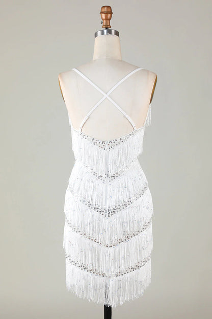 Amzcw White Bodycon Spaghetti Straps Cross Back Tassel Homecoming Dress with Sequins