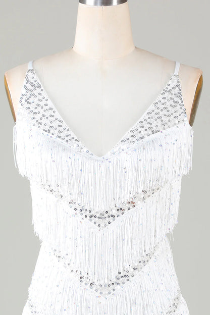 Amzcw White Bodycon Spaghetti Straps Cross Back Tassel Homecoming Dress with Sequins