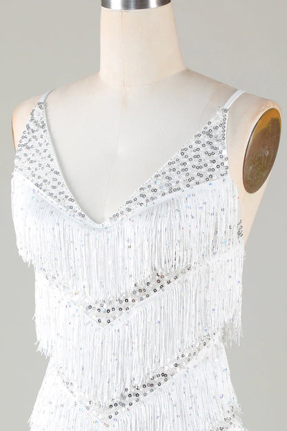 Amzcw White Bodycon Spaghetti Straps Cross Back Tassel Homecoming Dress with Sequins
