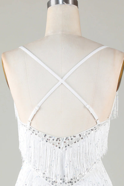 Amzcw White Bodycon Spaghetti Straps Cross Back Tassel Homecoming Dress with Sequins