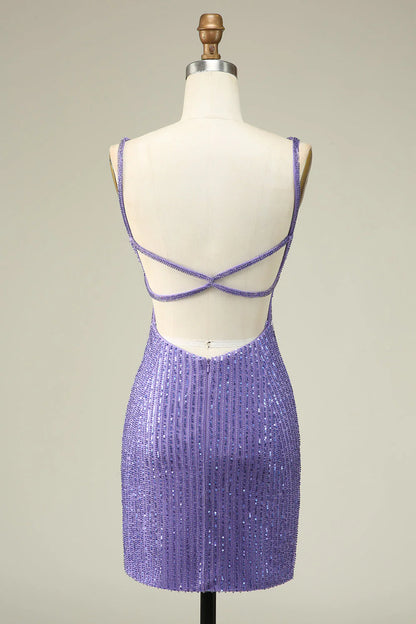 Amzcw Sparkly Purple Sheath Sequins Short Homecoming Dress with Lace-Up Back