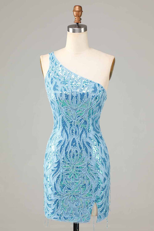 Amzcw Blue Sheath One Shoulder Sequins Short Homecoming Dress