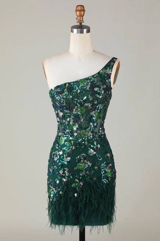 Amzcw Dark Green Sheath One Shoulder Sequins Short Homecoming Dress with Feather