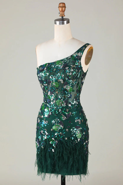 Amzcw Dark Green Sheath One Shoulder Sequins Short Homecoming Dress with Feather