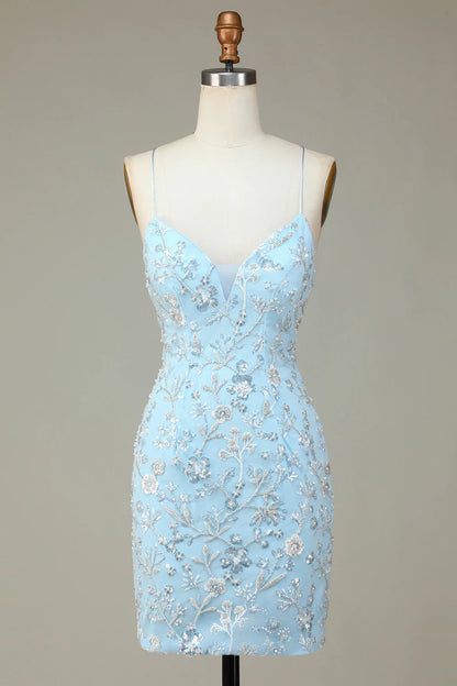 Amzcw Sparkly Blue Sheath Sequins Beaded Flowers Tight Short Homecoming Dress