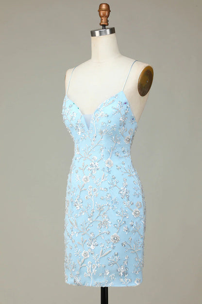 Amzcw Sparkly Blue Sheath Sequins Beaded Flowers Tight Short Homecoming Dress