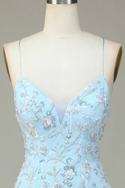 Amzcw Sparkly Blue Sheath Sequins Beaded Flowers Tight Short Homecoming Dress
