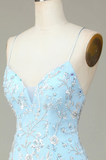 Amzcw Sparkly Blue Sheath Sequins Beaded Flowers Tight Short Homecoming Dress