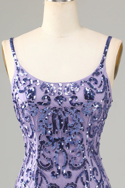 Amzcw Sparkly Purple Sheath Sequins Short Homecoming Dress with Fringes