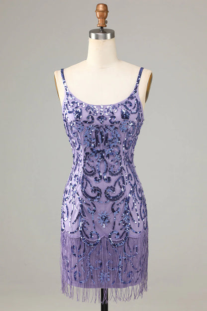 Amzcw Sparkly Purple Sheath Sequins Short Homecoming Dress with Fringes