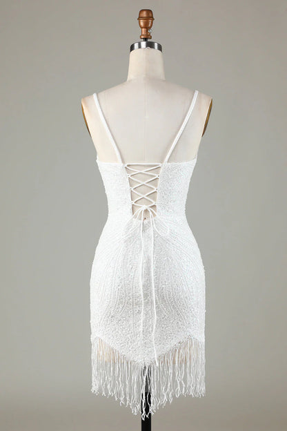 Amzcw Sparkly White Bodycon Lace-Up Back Beaded Short Homecoming Dress with Tassel