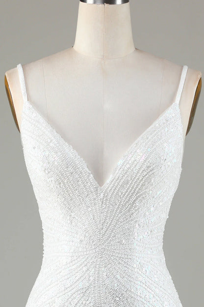 Amzcw Sparkly White Bodycon Lace-Up Back Beaded Short Homecoming Dress with Tassel