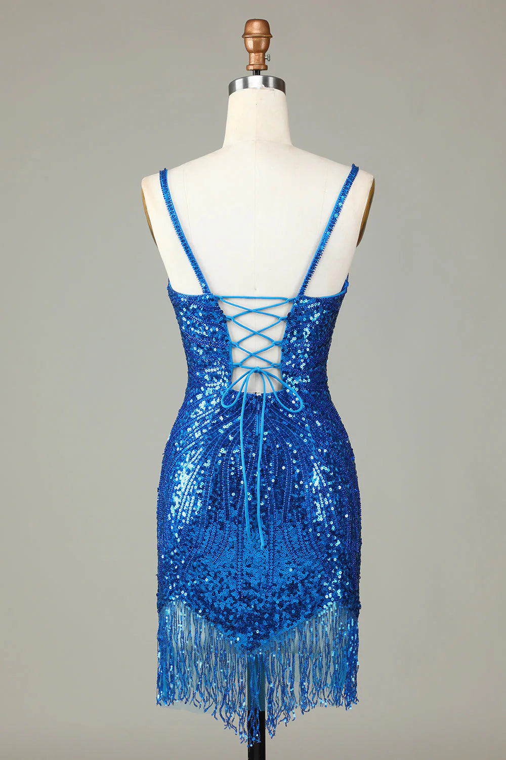 Amzcw Sparkly Blue Bodycon Lace-Up Back Beaded Short Homecoming Dress with Tassel
