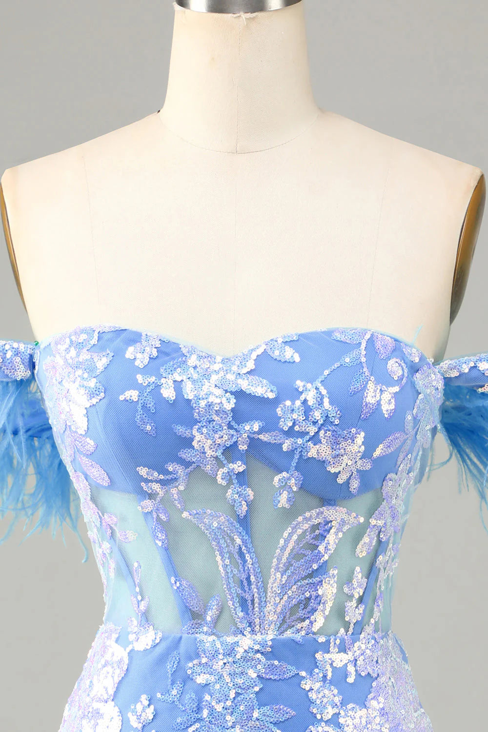 Amzcw Gorgeous Sheath Off the Shoulder Blue Short Homecoming Dress with Feather