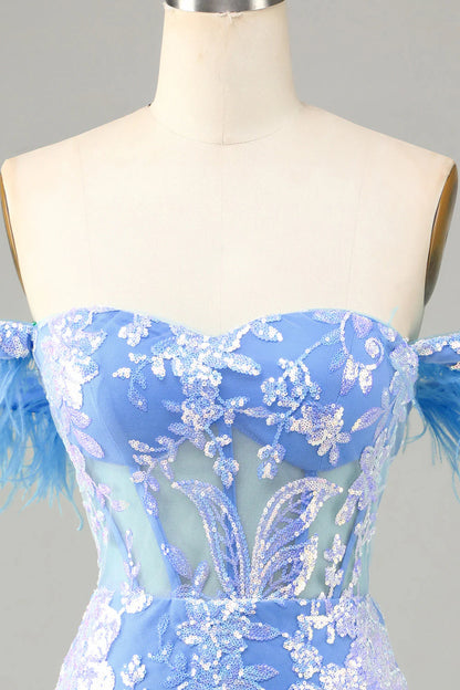 Amzcw Gorgeous Sheath Off the Shoulder Blue Short Homecoming Dress with Feather