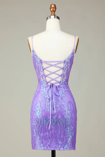 Amzcw Stylish Lilac Bodycon Sequins Corset Homecoming Dress with Criss Cross Back