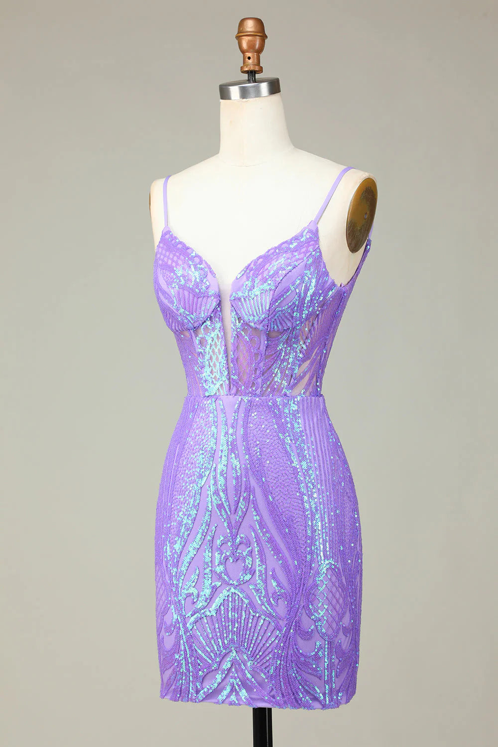 Amzcw Stylish Lilac Bodycon Sequins Corset Homecoming Dress with Criss Cross Back