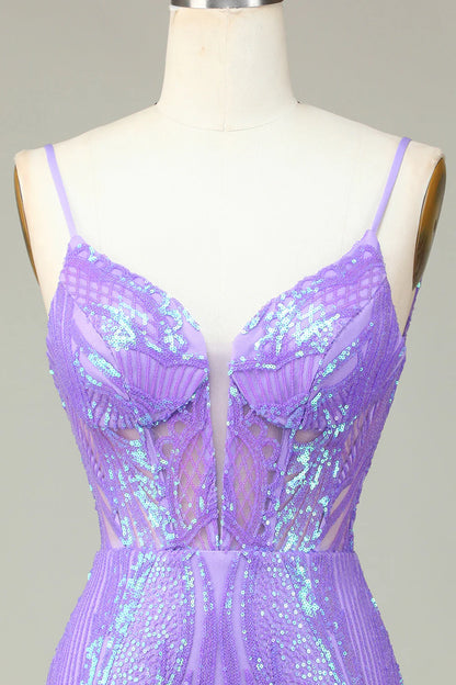 Amzcw Stylish Lilac Bodycon Sequins Corset Homecoming Dress with Criss Cross Back