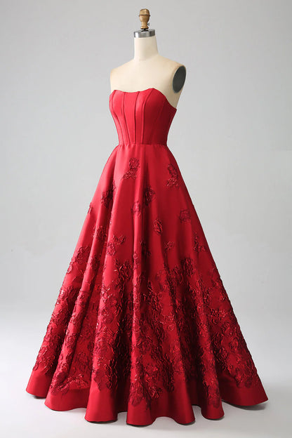 Amzcw Elegant Princess A-Line Strapless Dark Red Long Prom Dress with 3D Flowers prom dresses shops