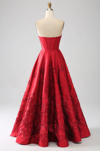 Amzcw Elegant Princess A-Line Strapless Dark Red Long Prom Dress with 3D Flowers prom dresses shops