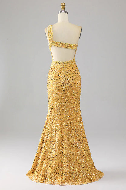 Amzcw Mermaid Sequins One Shoulder Golden Prom Dress with Slit prom dresses shops