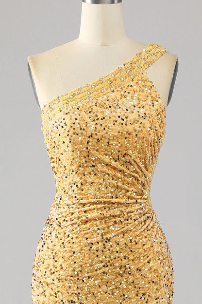 Amzcw Mermaid Sequins One Shoulder Golden Prom Dress with Slit prom dresses shops
