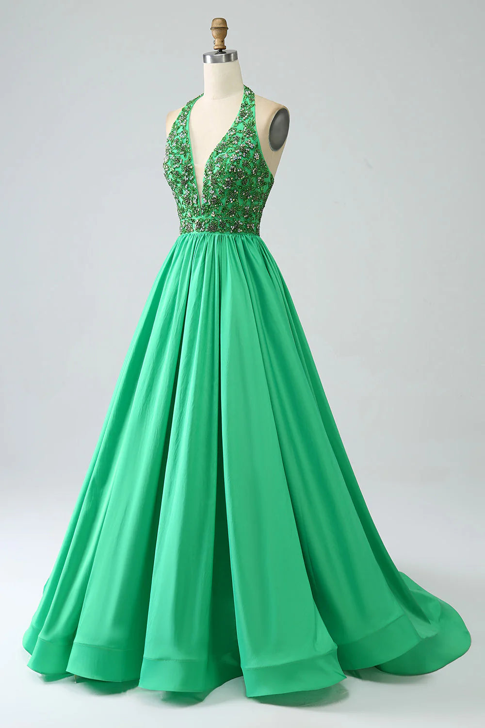 Amzcw Green Princess A-Line Halter Long Satin Prom Dress with Beading prom dresses shops