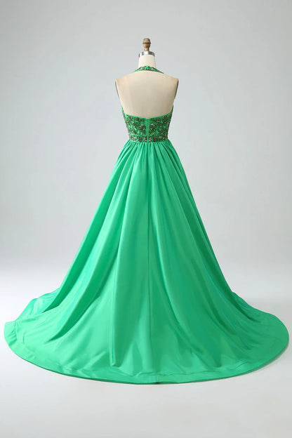 Amzcw Green Princess A-Line Halter Long Satin Prom Dress with Beading prom dresses shops