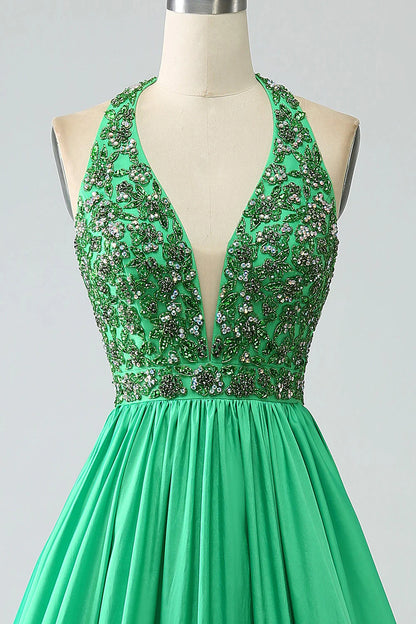 Amzcw Green Princess A-Line Halter Long Satin Prom Dress with Beading prom dresses shops