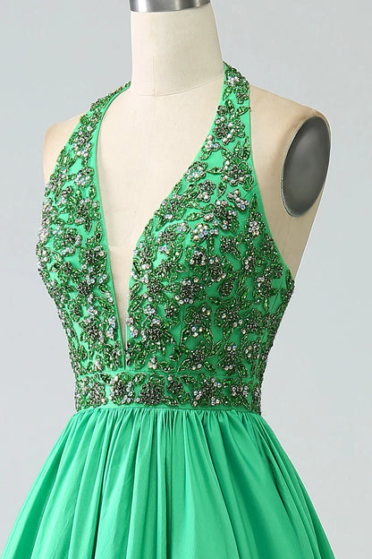 Amzcw Green Princess A-Line Halter Long Satin Prom Dress with Beading prom dresses shops