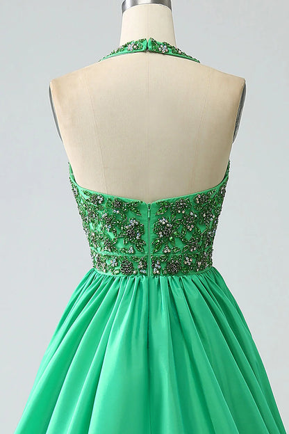 Amzcw Green Princess A-Line Halter Long Satin Prom Dress with Beading prom dresses shops