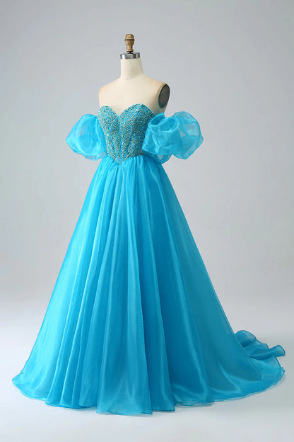 Amzcw Blue Ball-Gown Sweetheart Beaded Corset Prom Dress with Detachable Sleeves prom dresses shops