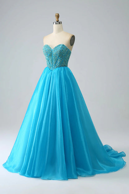 Amzcw Blue Ball-Gown Sweetheart Beaded Corset Prom Dress with Detachable Sleeves prom dresses shops