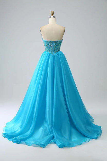 Amzcw Blue Ball-Gown Sweetheart Beaded Corset Prom Dress with Detachable Sleeves prom dresses shops