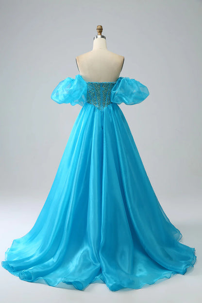 Amzcw Blue Ball-Gown Sweetheart Beaded Corset Prom Dress with Detachable Sleeves prom dresses shops