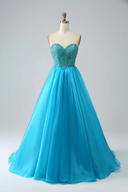 Amzcw Blue Ball-Gown Sweetheart Beaded Corset Prom Dress with Detachable Sleeves prom dresses shops
