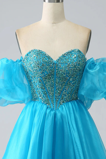 Amzcw Blue Ball-Gown Sweetheart Beaded Corset Prom Dress with Detachable Sleeves prom dresses shops