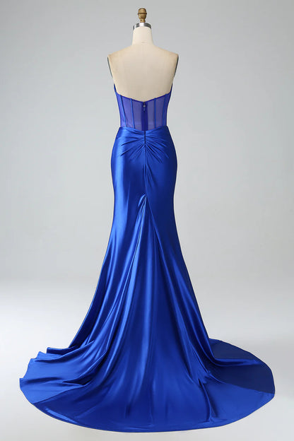 Amzcw Mermaid Strapless Pleated Corset Long Royal Blue Prom Dress with Slit
